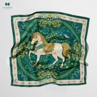 Double-sided printed silk scarf with the green triumphant horse pattern (Size 70*70cm : 749,000vnd)